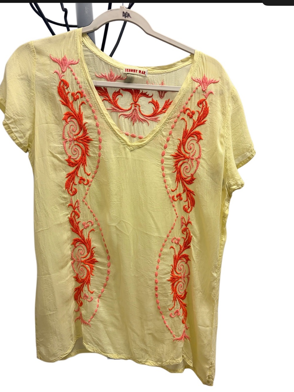 Johnny Was sheer chartreuse embroidered top 
Size S 
Oversized